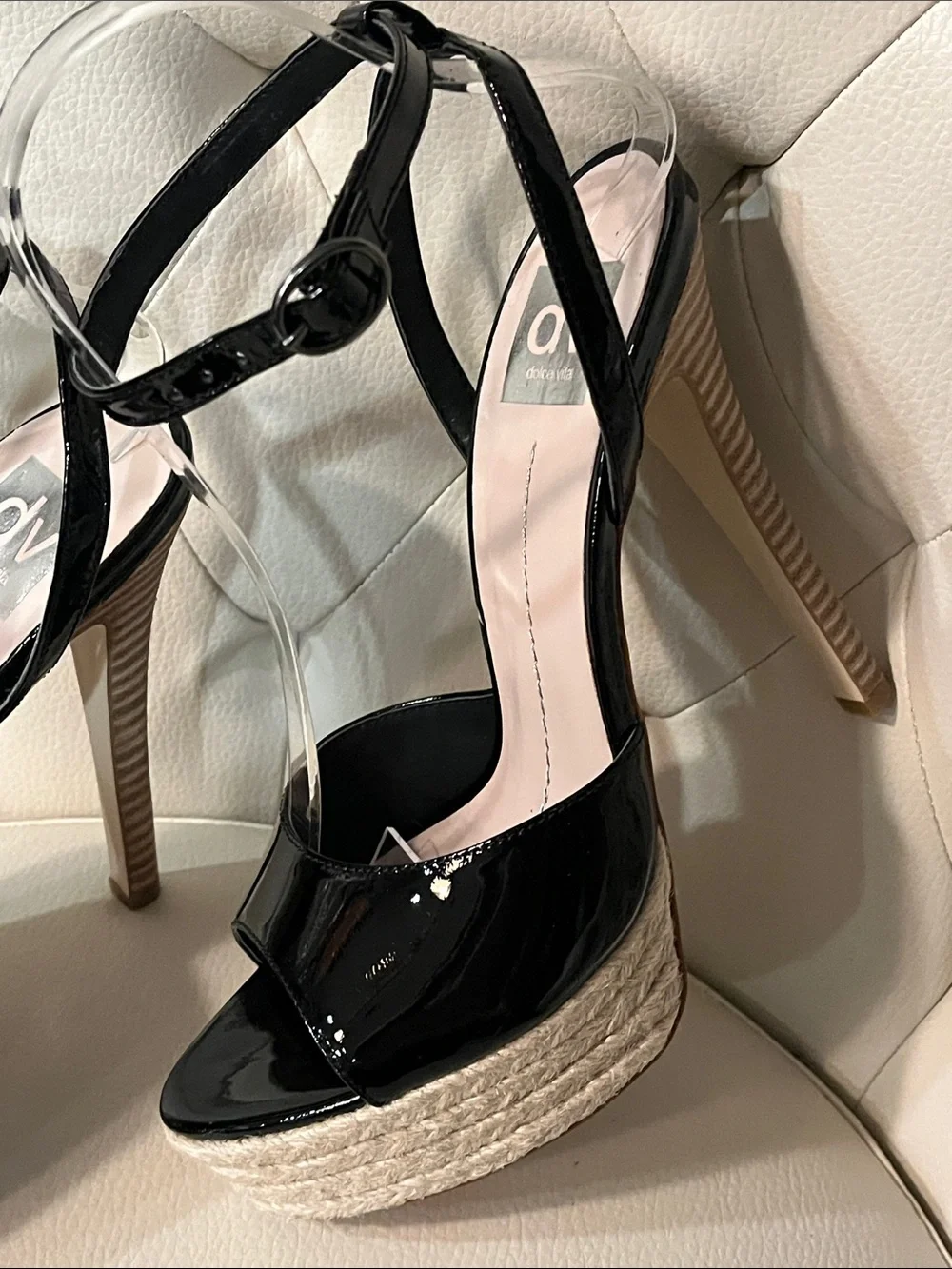 DV by Dolce Vita Black Patent Platform Espadrille Sandals Ankle Strap Beautiful